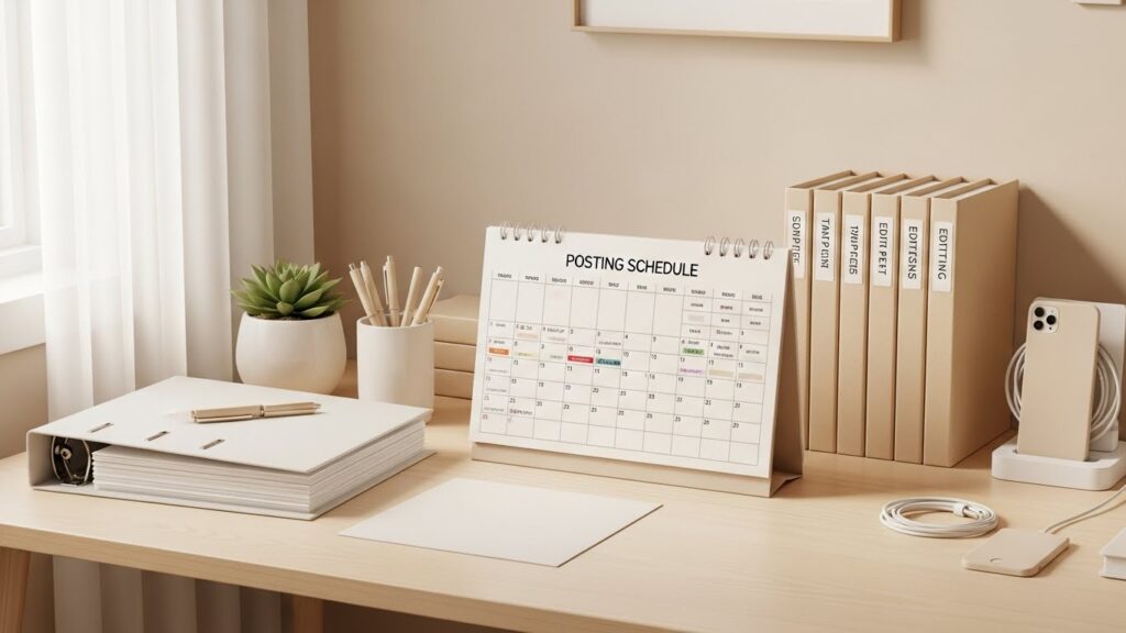 投稿スケジュールが書かれたカレンダー、テンプレ化された台本シート、編集プリセットのフォルダが整然と並び、作業の仕組み化とルーティン化が視覚的に示されている画像。