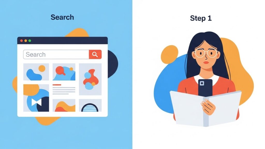 検索、構成作成、AIによる下書き、記事完成までの流れを段階的に示したSEO記事制作のワークフローイメージ。