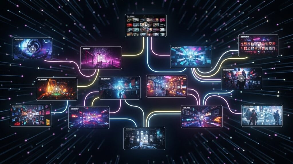 ひとつの“当たり動画”のサムネイルが光り、その周囲に色違いや構図違いの派生サムネが複数並ぶ。ヒット動画の型を再構築して量産するイメージを表現。