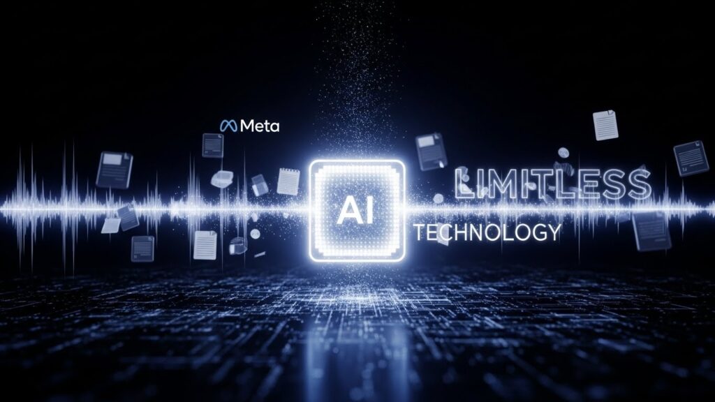 メタバース空間を象徴する抽象的な背景に、中央のAIコアへLimitless技術を示す音声波形やメモアイコンが統合される構図。MetaがLimitlessを買収しAI戦略に組み込む意図を示すテック系ビジュアル。