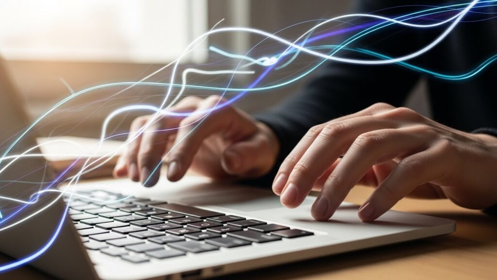 ノートパソコンのキーボード上でタイピングの手が止まっている様子。背景には脳の思考速度を表す抽象的な光の軌跡が見える。