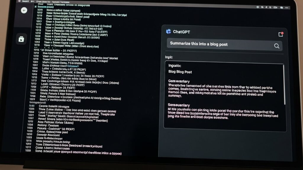 ノートパソコンの画面上で、AI文字起こしした乱雑なテキストをChatGPTのプロンプトでブログ記事に整形している様子