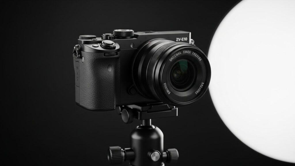 ミラーレスカメラが三脚の上に設置され、背景が柔らかくぼけたスタジオ風の画像。より高品質な映像が必要な場合のみカメラを導入すればよいことを示す落ち着いたビジュアル。