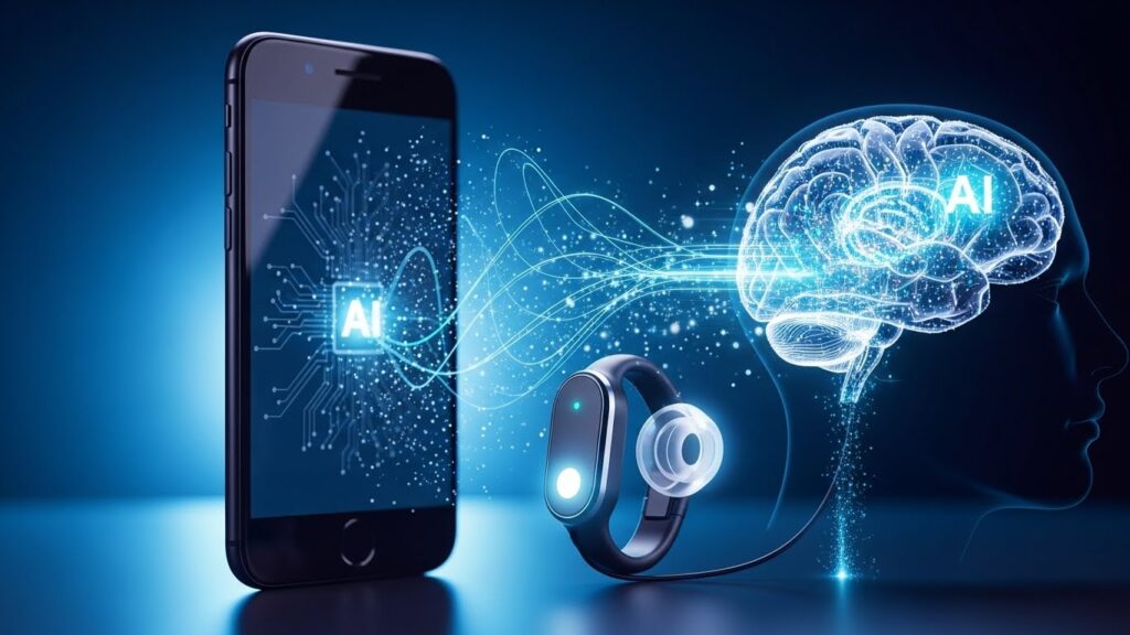 背景で薄く消えかけたスマホのシルエットと、前面に浮かぶAIデバイスや発光するAI脳モデルが対比された画像。AIの進化とウェアラブル普及が同時に進むことで“スマホ終焉”が語られる背景を示す構図。