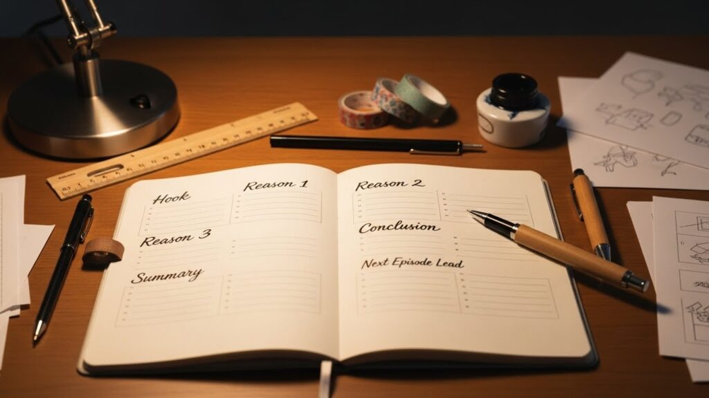 ノートに7つの構成(フック・結論・理由1〜3・まとめ・次回予告)が書かれた台本テンプレートが置かれ、整理されたデスク環境で脚本構造を組み立てている様子。