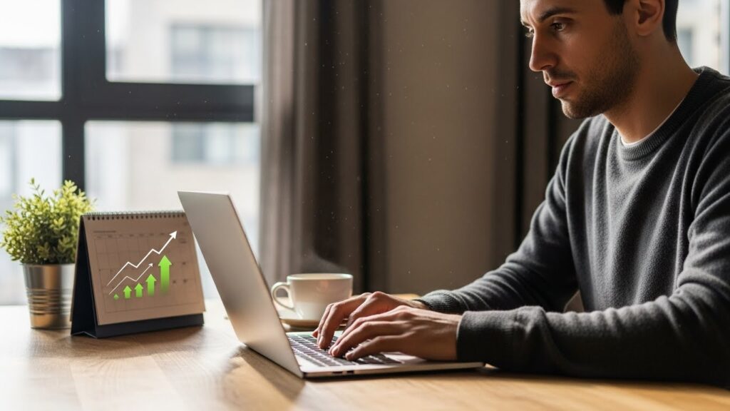 自宅でパソコン作業をしながら、安定した収益が積み上がっていく様子を穏やかに表現した在宅ワークのイメージ。