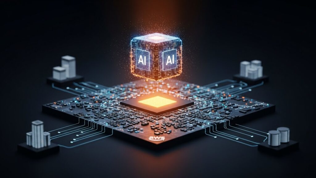 クラウド基盤を象徴するデジタルプラットフォームの上にAIコアが浮かび、周囲に企業ビルを模した抽象アイコンが並ぶ画像。Amazonが企業向けAI基盤を統合し支配する戦略的構造を表現している。