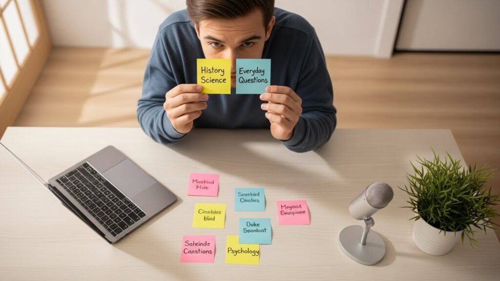 初心者のYouTube制作者が机で複数の雑学ジャンルを書いた付箋を見比べ、どのテーマを選ぶか考えている様子を上から撮影した画像。ジャンル選定の迷いや決断の瞬間を表現。