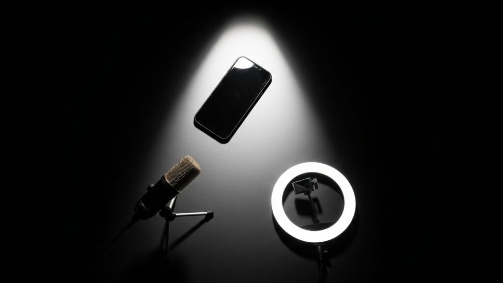 スマホ、マイク、リングライトの最低限セットが中央で明るく輝き、不要な機材が背景にフェードアウトしている画像。初心者でも必要最低限の機材でYouTube撮影が可能なことを象徴した仕上げのビジュアル。