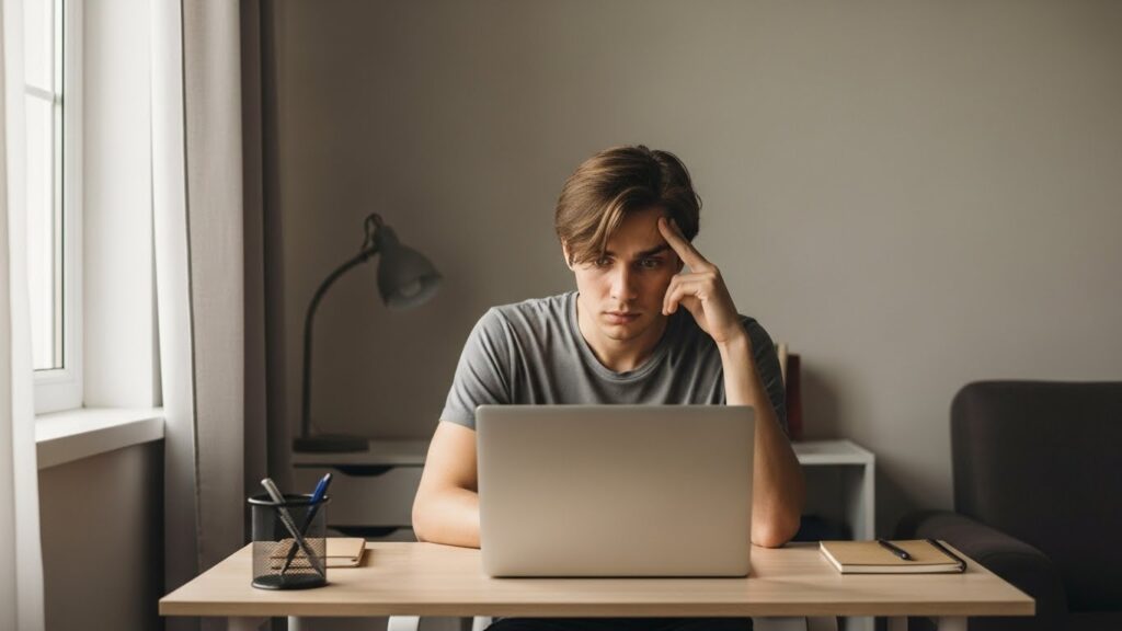 在宅ワークを始めたいが何から手を付ければいいか分からず、ノートパソコンの前で不安そうに考えている初心者の様子。