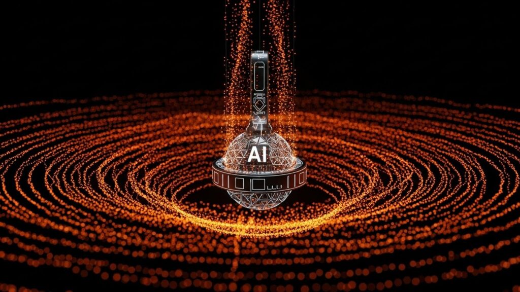 AIペンダントを中心に、会話データや記録情報を表す光の粒子が集まり“第二の脳”として整理されていく様子を描いた画像。Limitlessの特徴である、会話記録・要約・AIメモリーを象徴した未来的なイラスト。