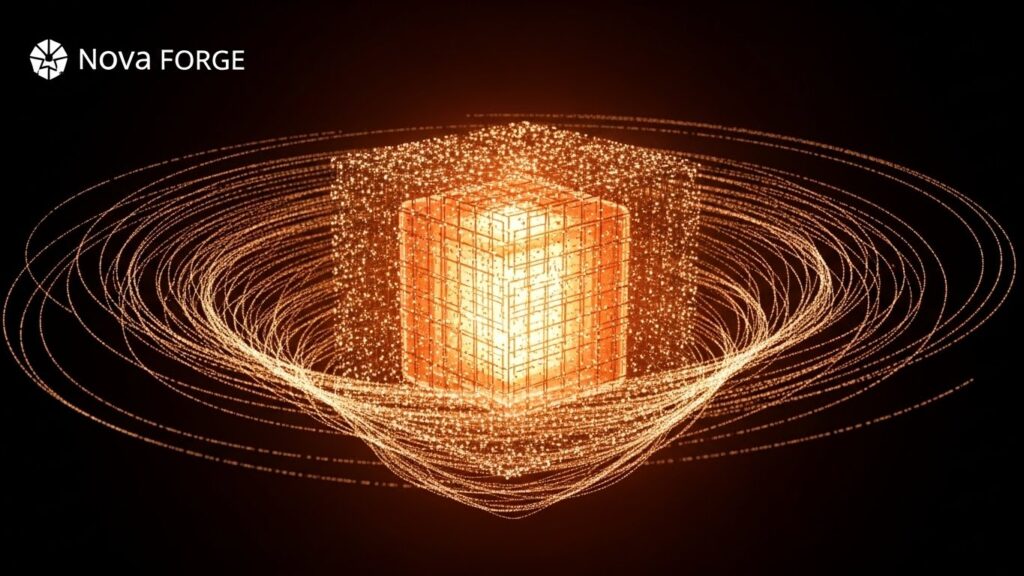 巨大なAIモデルの中心コアが強く発光し、周囲から光の粒子が吸い込まれるように流れ込む画像。企業データがAIの学習に加わる“Nova Forge”の概念を象徴する未来的で研究的な雰囲気のビジュアル。