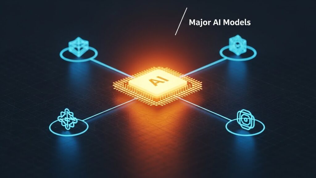 中央のAIコアから四方に光のラインが伸び、それぞれ抽象的なAIモデルアイコンに繋がっている画像。特定ブランドに依存せず、主要AIモデルの比較関係を視覚的に示すニュートラルなテック図。