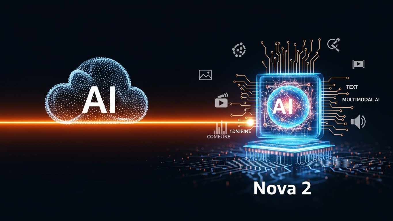黒または濃紺の背景に、Amazon Web Services を想起させるオレンジ色の光のラインと抽象的なクラウド形状が描かれ、中央には“Nova 2”を象徴する未来的なAIコア（光る球体やエネルギー構造）が大きく配置された画像。周囲にはテキスト・画像・動画・音声を示す小さなアイコンが散りばめられ、マルチモーダルAIの概念を表現している。シネマティックな照明と高コントラストで、テクノロジー系メディアのサムネイルのようなプロフェッショナルな印象のデザイン。