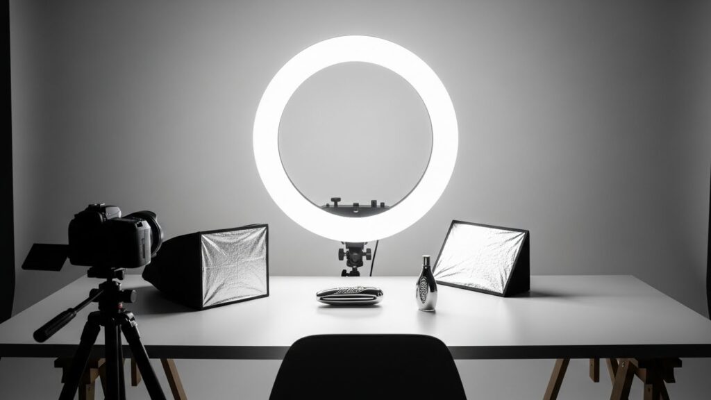 強く発光するリングライトと、明るく照らされた撮影デスクが描かれた画像。照明を使うことで肌や画質が大幅に改善される効果を視覚的に表現した明るいスタジオシーン。