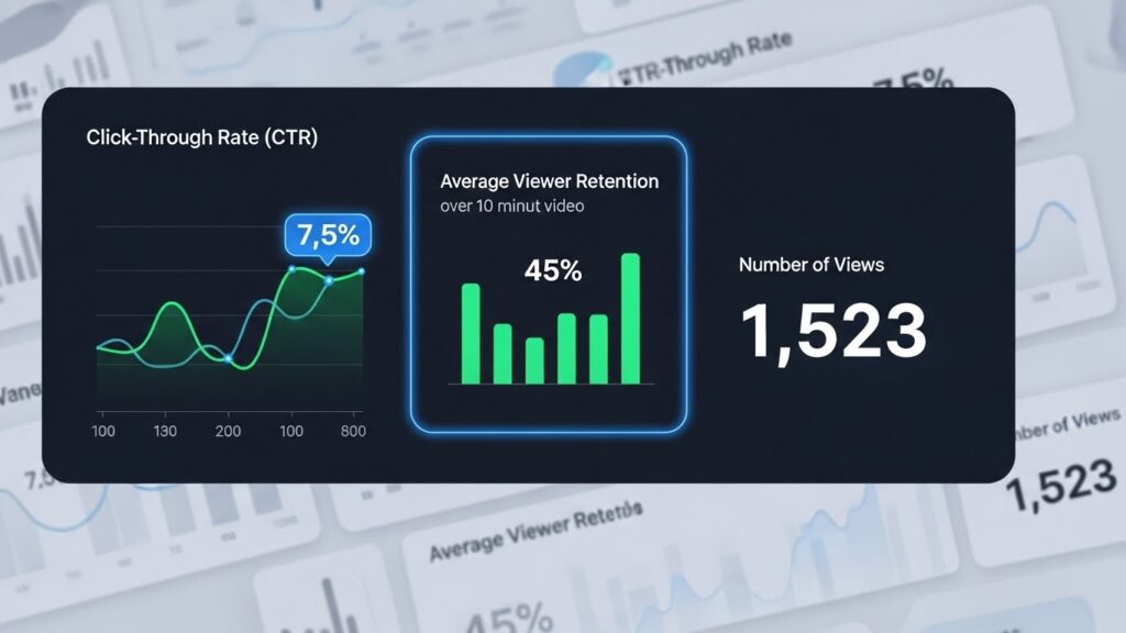 YouTubeアナリティクスの画面風デザインで、クリック率・平均視聴維持率・再生回数の3つの主要指標が強調され、クリエイターが改善ポイントを分析している様子。
