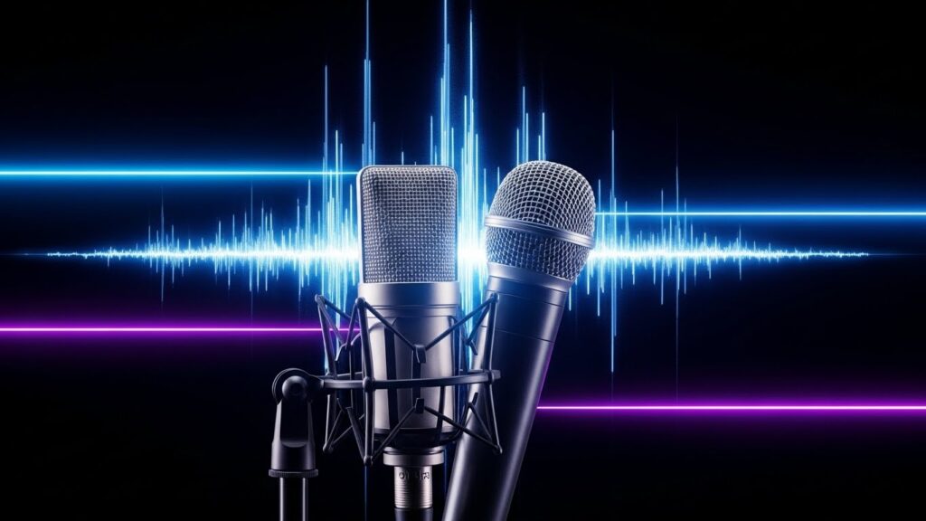 コンデンサーマイクとワイヤレスマイクが中央に大きく配置され、背後に音声波形が薄く表示された画像。良い音質がYouTube視聴の満足度を左右する重要要素であることを象徴している。