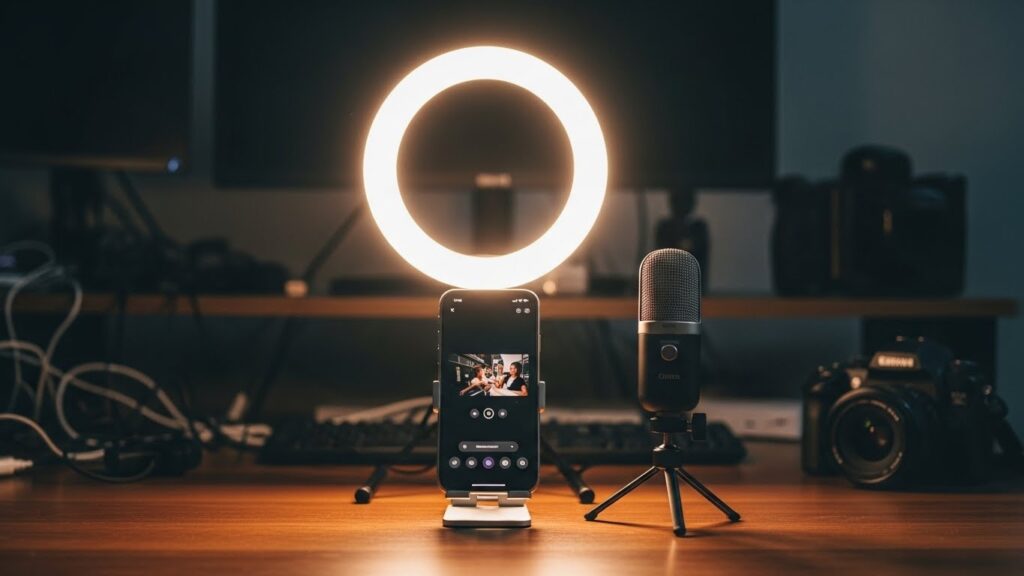 マイク、照明、カメラが光の強弱で階層的に並べられた画像。YouTube機材の購入優先順位を視覚的に理解できるよう設計された未来的な構図。