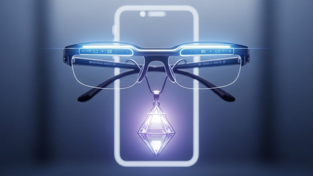 スマートフォンが影のように背景へ後退し、中央のAIグラスとAIペンダントが明るく浮かぶ画像。スマホが完全に消えるわけではなく、主役の座をAIデバイスに譲る未来像を分かりやすく示したビジュアル。