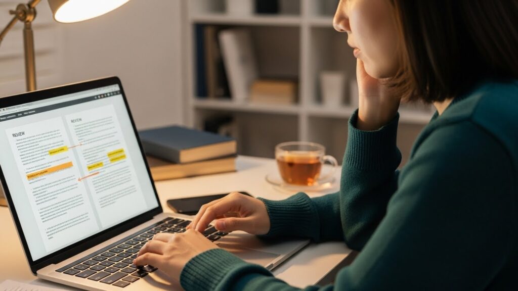 記事内容を見直しながら修正を行い、より良い文章に仕上げようとしている在宅ライターの作業風景。