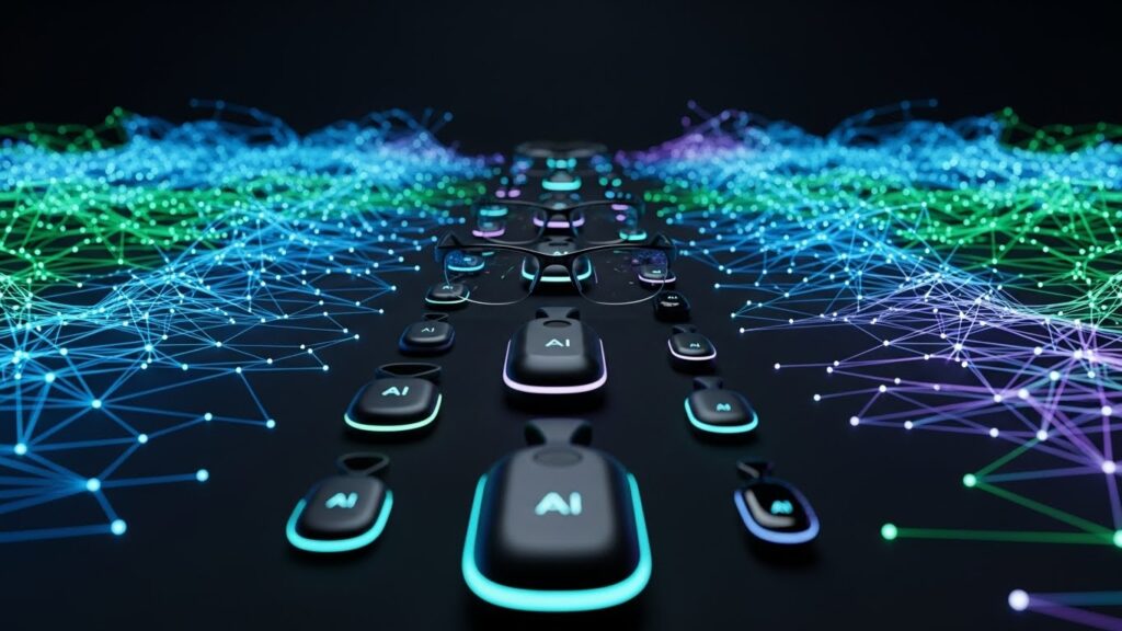 中央にAIスマートグラスとAIペンダントが並び、背後の光のネットワークが未来のAIデバイスの中心性を示す画像。ポストスマホ時代の主役としてAIウェアラブルが台頭する様子を象徴した未来的ビジュアル。