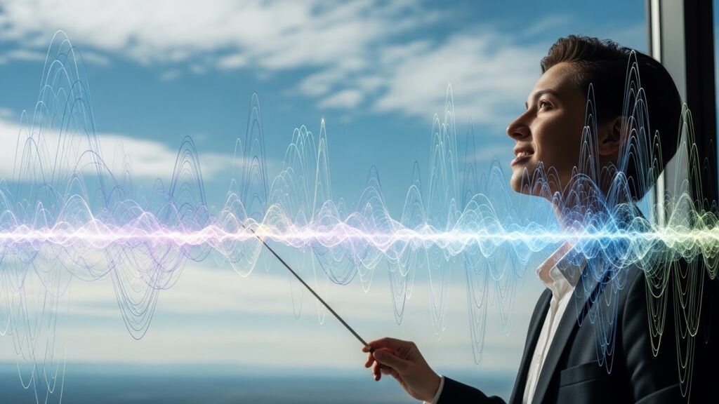 青空の下で指揮棒を持ち、新しい働き方への自信に満ちた表情で未来を見つめるAI文字起こしディレクターのイメージ