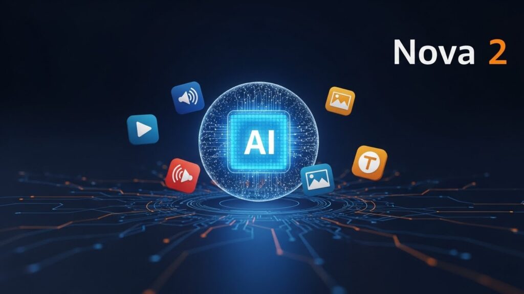 中央に光るAIコアがあり、その周囲に動画・音声・画像・テキストのアイコンが浮かんでいる画像。マルチモーダルAIとして進化したNova 2の特徴を表現し、背景には未来的なデジタルラインが走っている。