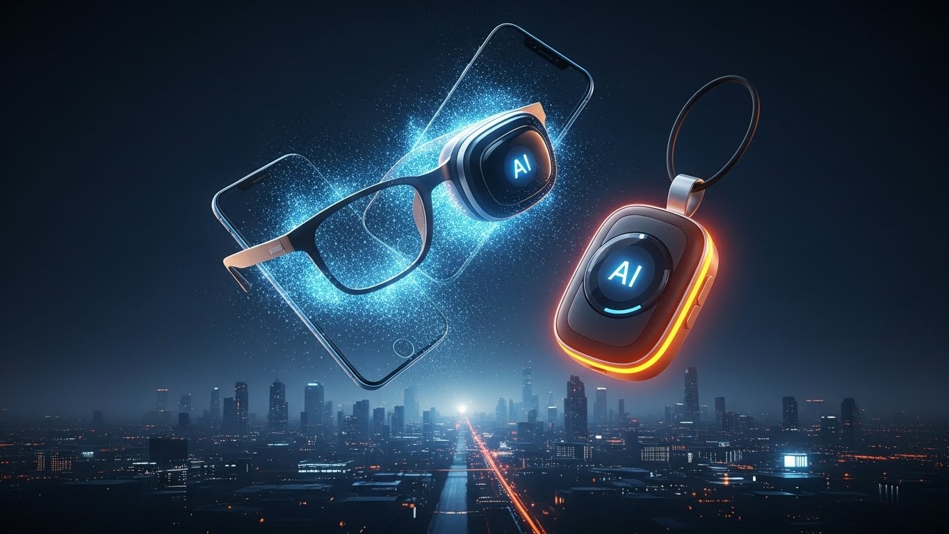 未来都市を背景に、スマートフォンが光の粒になって消えていき、前景でAIスマートグラスとAIペンダントが強く発光して浮かぶ画像。スマホ時代の終わりと、AIウェアラブルが主役になる“ポストスマホ時代”の到来を象徴した未来的ビジュアル。