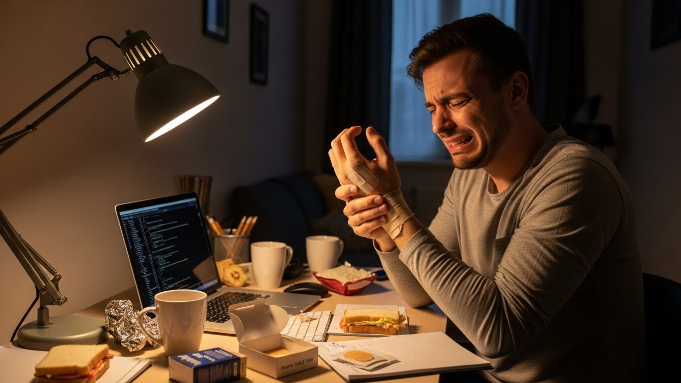 深夜の書斎で腱鞘炎の痛みに耐えながら頭を抱える在宅ワーカーの男性。デスクにはノートパソコンと湿布薬の箱が置かれている。