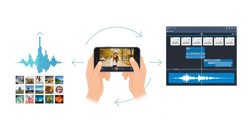 スマートフォンの録音、画像素材、編集ソフトのタイムライン(音声と画像)が並び、雑学動画がシンプルな工程だけで完成する流れを視覚化した図解風の画像。