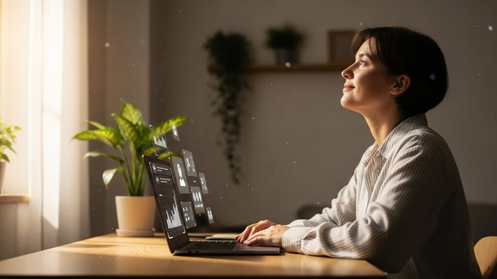 自宅のデスクでノートパソコンに向かい、落ち着いた表情で作業を始めようとしている人の在宅ワークのイメージ。