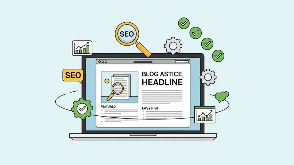 ブログ記事の画面が表示されたノートパソコンと検索アイコンが描かれた、SEO記事制作の全体像を表すイメージ。