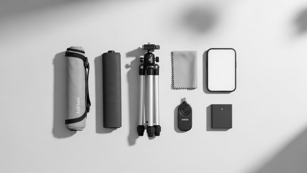 三脚、背景布、小型LEDライトなど補助的なYouTube撮影アイテムが整然と並んだ画像。必要に応じて揃える追加機材として、選択肢の幅を示すミニマルな構成。