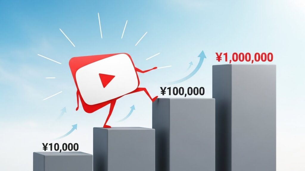 ¥10,000、¥100,000、¥1,000,000の3段階に上昇する階段グラフが描かれ、YouTubeアイコンがステップを登っている。収益成長のプロセスを象徴する画像