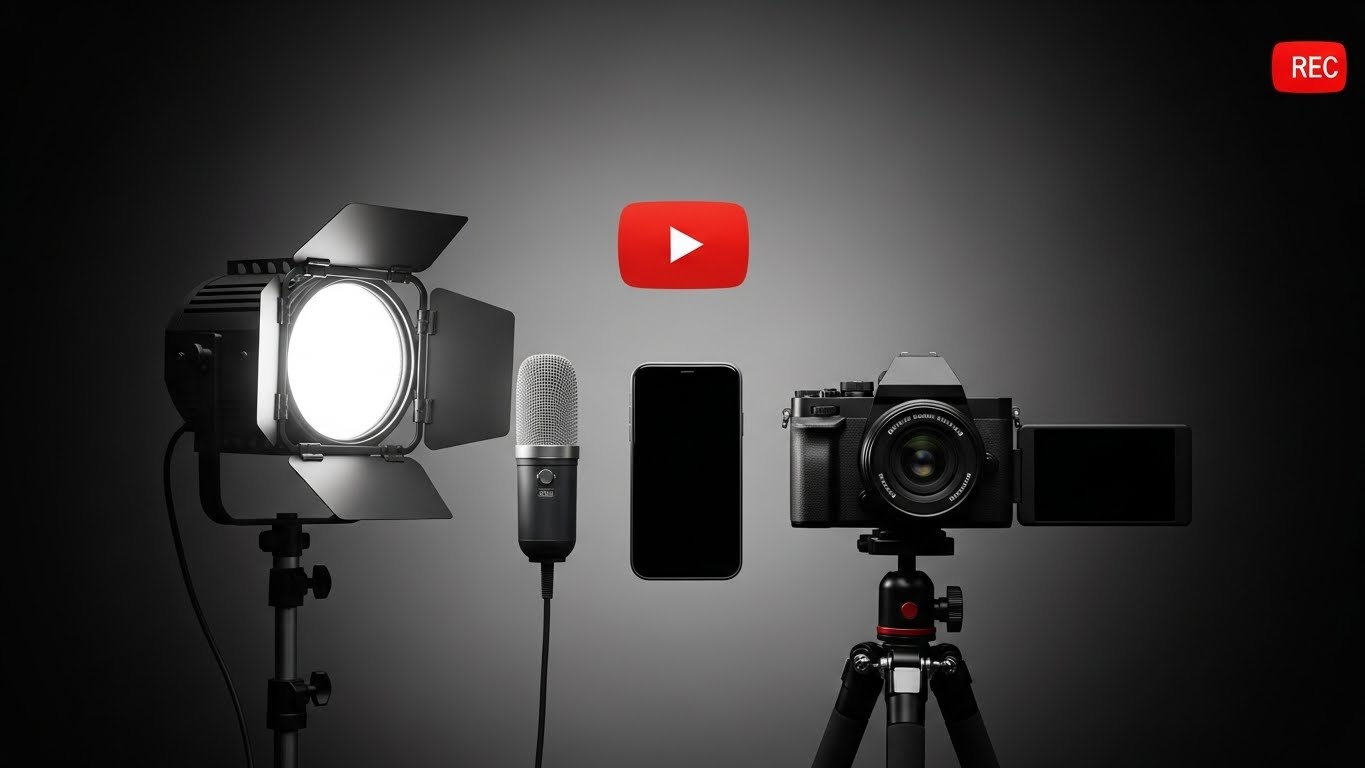 「YouTube初心者が撮影に必要とする基本機材として、スマートフォン、コンデンサーマイク、リングライト、三脚付きの小型ミラーレスカメラが中央に配置された画像。YouTube撮影の必須アイテムが一目で分かるミニマルなスタジオ風ビジュアル。