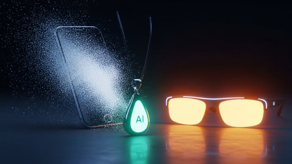 光となって消えていくスマートフォンのシルエットの前で、AIペンダントとAIグラスが強く発光する画像。スマホ操作からAI主体のインターフェースへ役割が移行するという核心理由を視覚的に表現している。