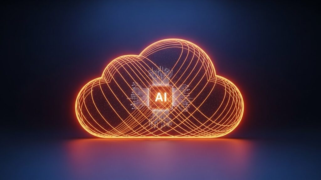 黒または濃紺の背景に、オレンジ色の光のラインと抽象的なクラウドアイコンが浮かび、中心にAIコアが淡く発光している画像。AmazonのクラウドAIブランドとAI技術の融合を象徴したテック系ビジュアル。