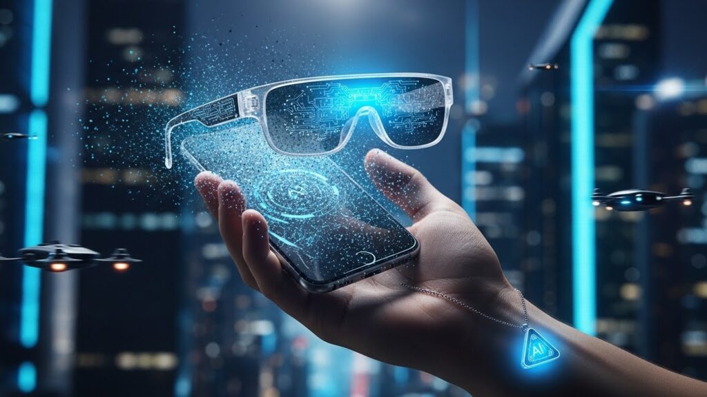 未来の都市風景を背景に、消えかけたスマートフォンと、前景で光を放つAIグラスとAIペンダントが対比的に描かれた画像。スマホ中心の時代からAIウェアラブル中心へ移行するテーマを象徴する未来的ビジュアル。