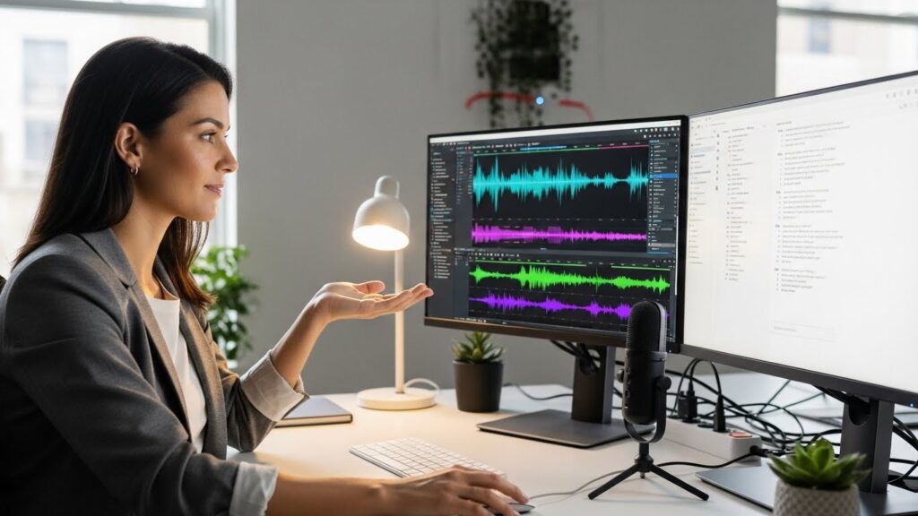 デュアルモニターで音声波形ソフトとChatGPT画面を開き、余裕を持って指示を出しているAI文字起こしディレクターの作業風景