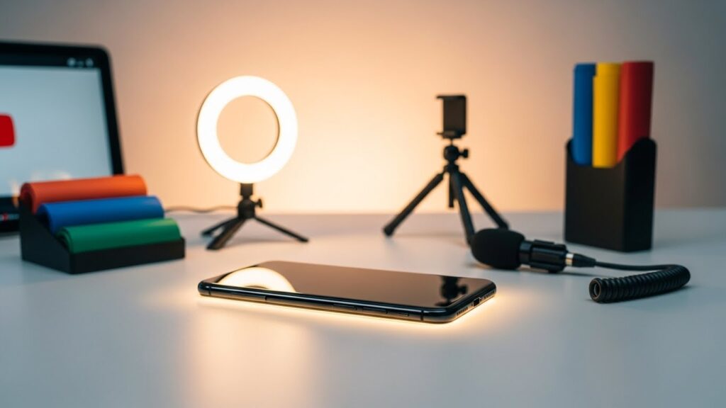 スタジオ風のデスクに最新スマートフォンが置かれ、柔らかなライトに照らされた画像。スマホだけでYouTube撮影が可能であることを象徴するシンプルで明るいビジュアル。