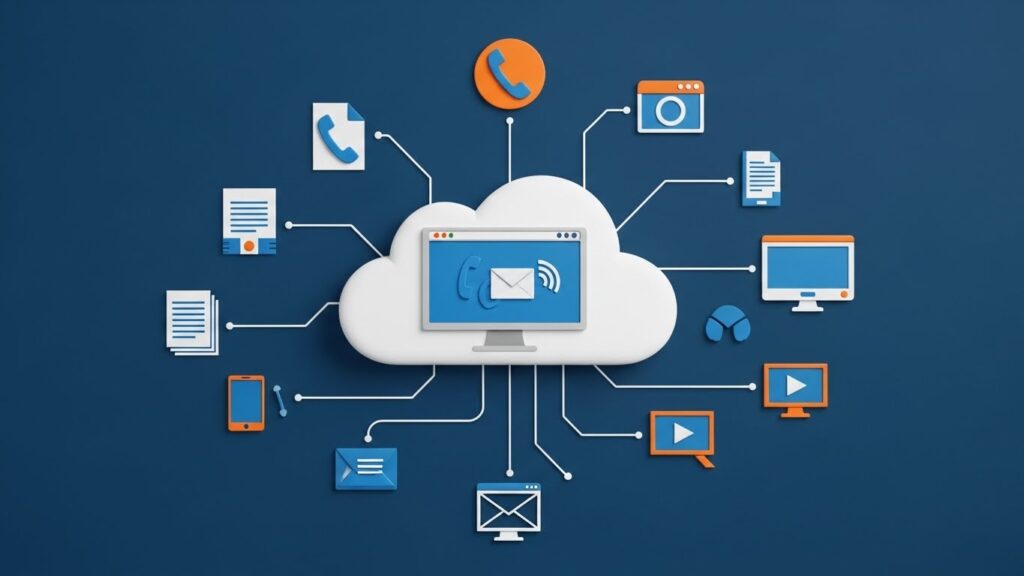 クラウドから複数の光のラインが分岐し、電話、書類、動画、Webブラウザなどのアイコンに接続されている画像。コールセンター支援、ナレッジ検索、業務自動化などのNova 2の実用シナリオを象徴。