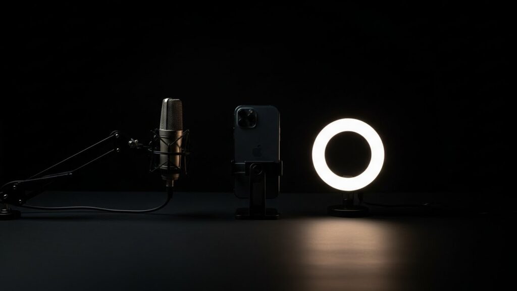 YouTube撮影に必要な基本機材であるスマートフォン、マイク、リングライトが中央に並んだミニマル構図の画像。初心者が最初に揃えるべき三種の必須アイテムを視覚的に示している。
