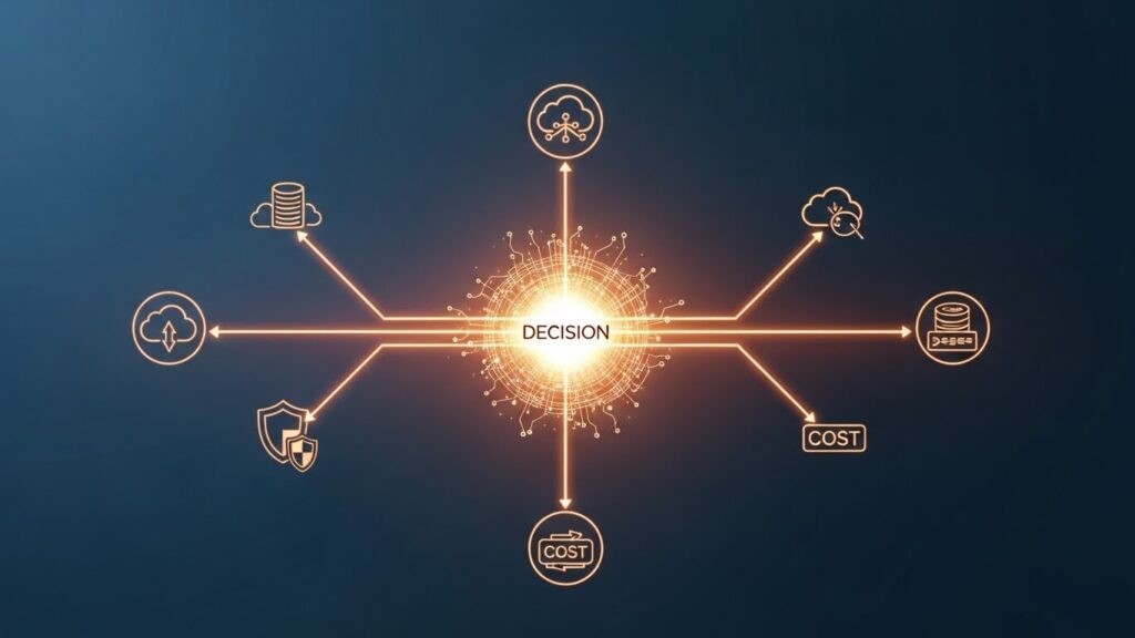 中央の発光コアから複数の光のラインが分岐し、コスト・データ保護・クラウド選択を示す抽象アイコンへ繋がっている画像。企業がAI導入の判断ポイントを検討するプロセスを表したテック系ビジュアル。
