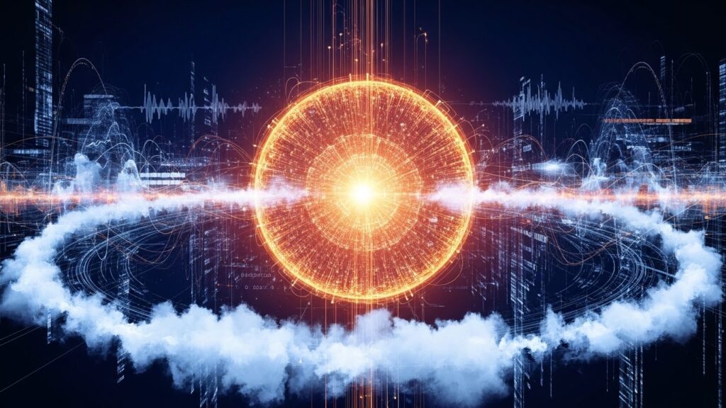 中央のAIコアが強く発光し、周囲にクラウド・データライン・マルチモーダル要素が調和して配置された画像。Amazon Nova 2が統合AIプラットフォームとして持つ総合的価値を象徴的にまとめたビジュアル。