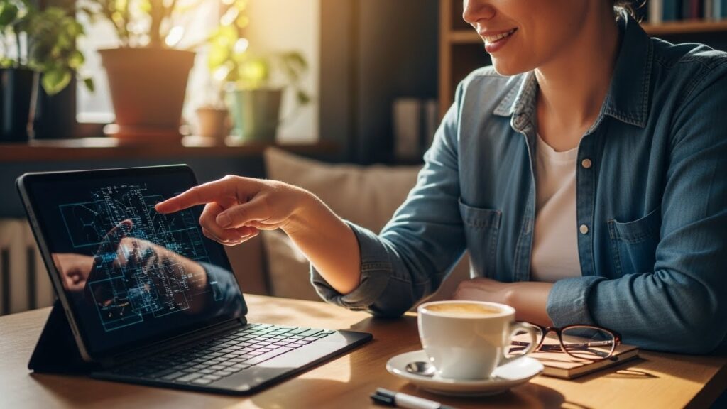 カフェでリラックスしながら、タブレットでAIが作成した記事を笑顔で最終チェックしている様子