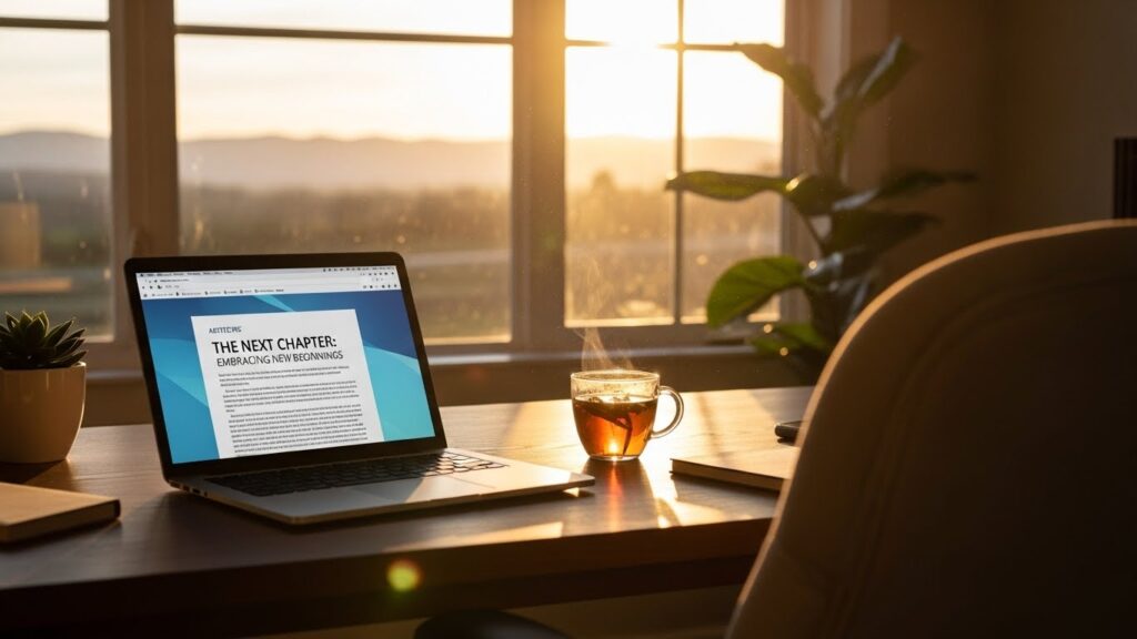 完成した記事が表示されたノートパソコンを前に、次の行動へ踏み出そうとしている前向きな在宅ワークのイメージ。