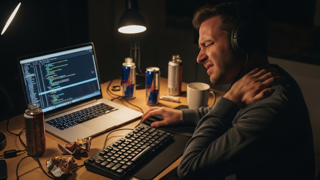 深夜の暗い部屋で、ヘッドホンをして肩の痛みに耐えながら疲弊している従来の文字起こし在宅ワーカーの様子