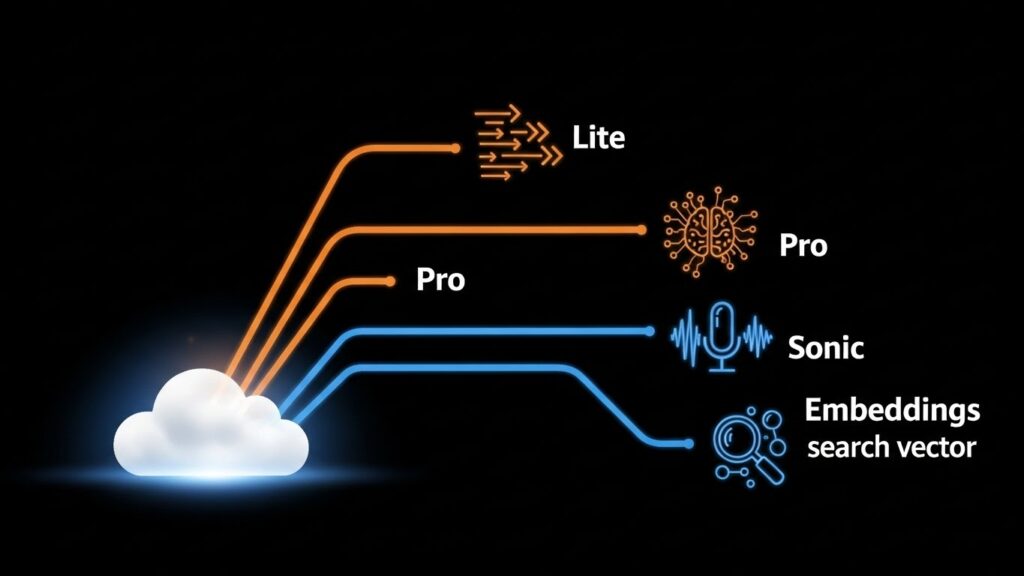 中央のクラウド形状から4方向に光のラインが伸び、それぞれ高速処理、深い推論、音声、検索ベクトルを象徴する抽象アイコンが配置された画像。Nova 2シリーズの多様なモデルを整理して示した構図。