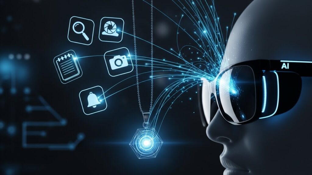 検索・メモ・カメラ・通知などスマホ機能の象徴アイコンが空中に浮かび、それらがAIグラスやAIペンダントに光のラインで結びつく構図。スマホ機能がAIウェアラブルへ統合されていく流れを説明するイメージ。