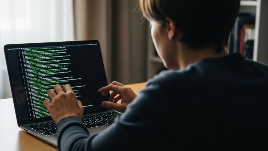 AIの高速なテキスト生成スピードに圧倒され、キーボードの上で手が止まってしまっている人物の後ろ姿